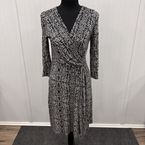 Soma Women's Small Black & White Side Twist 3/4 Sleeve V-Neck Midi Dress